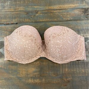 Victoria’s Secret strapless convertible bra, blush with lace overlay, 36 DD